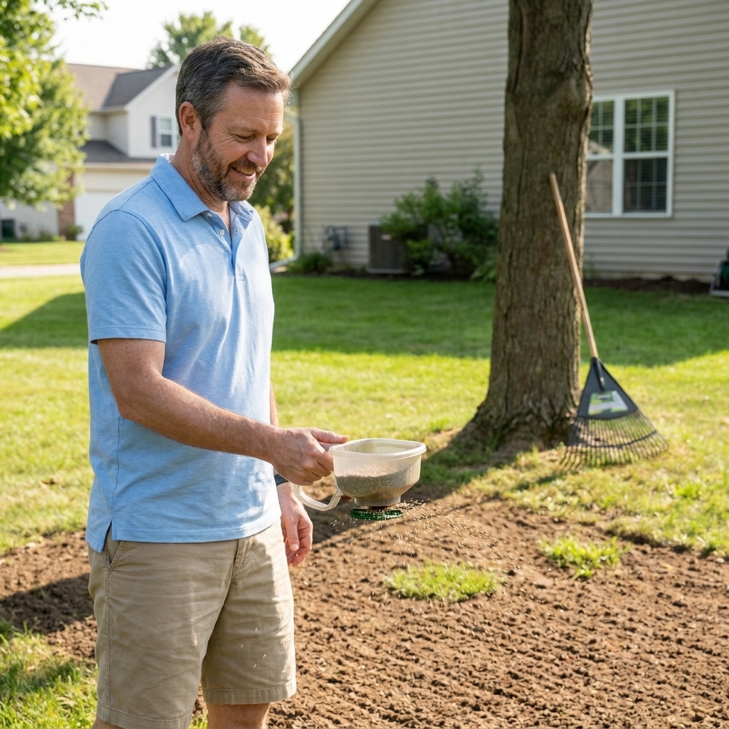 A homeowner hand-spreading grass seed over a thin, raked soil area in a residential lawn during daylight