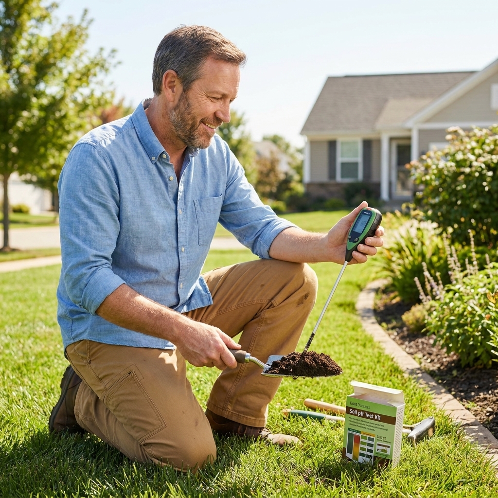 A homeowner holding a soil pH test kit and a small soil sample taken from a residential lawn on a bright day
