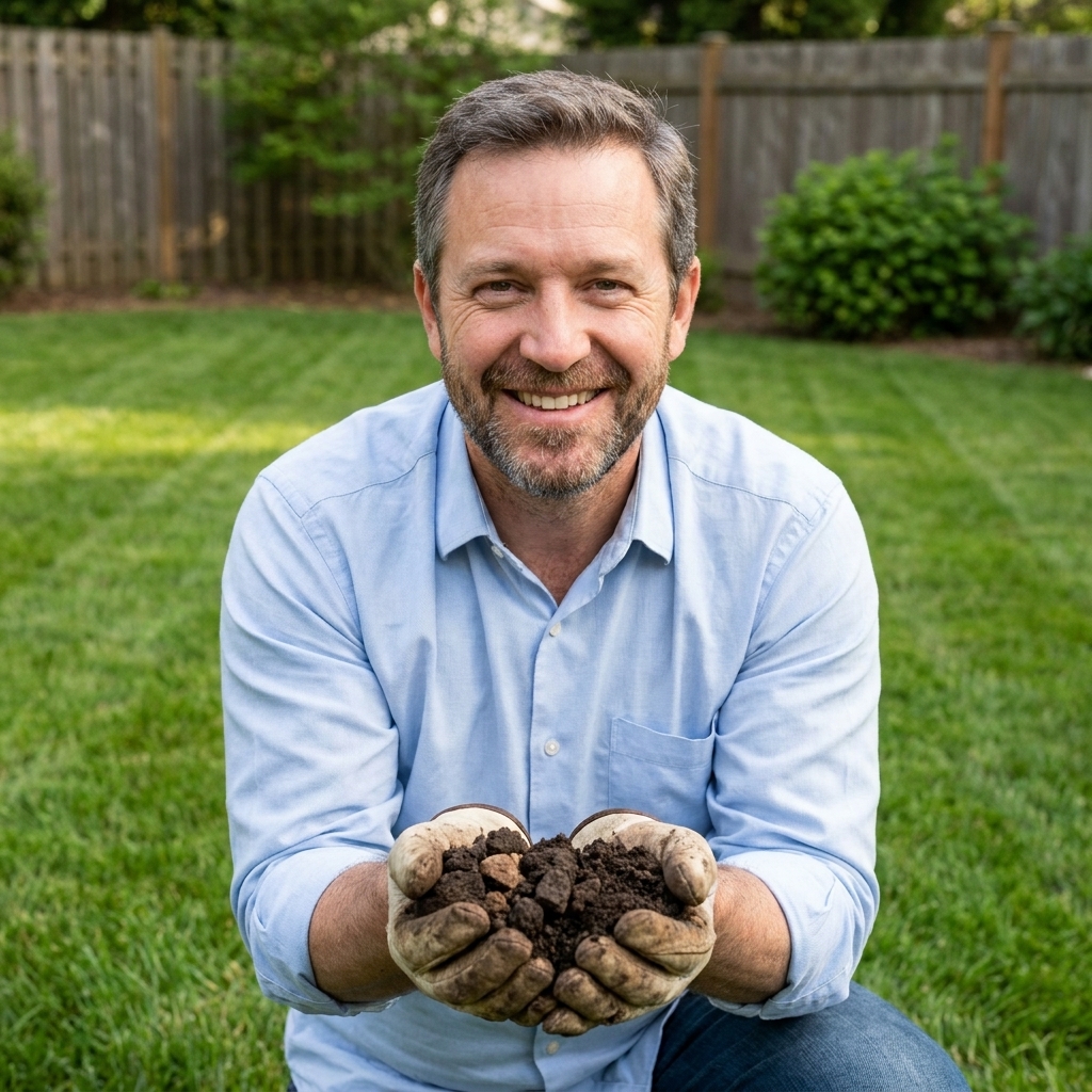 A homeowner holding dark, crumbly soil aggregates over a backyard lawn, showing improved soil structure