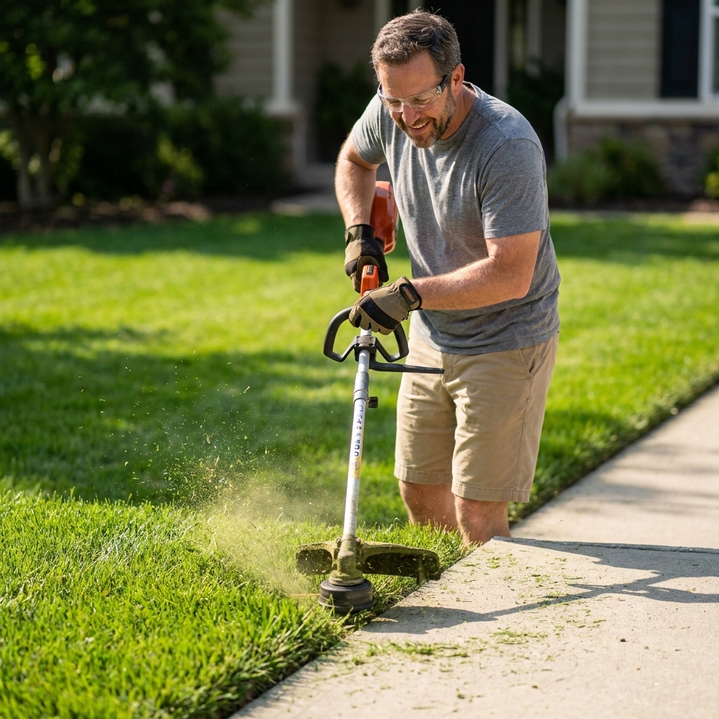 A homeowner holds a string trimmer vertically to cut a crisp edge between green turf and a concrete walkway