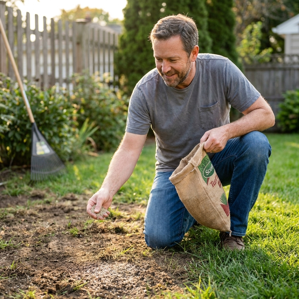 A homeowner in casual clothes spreading grass seed by hand over a worn patch in a backyard while holding a seed bag
