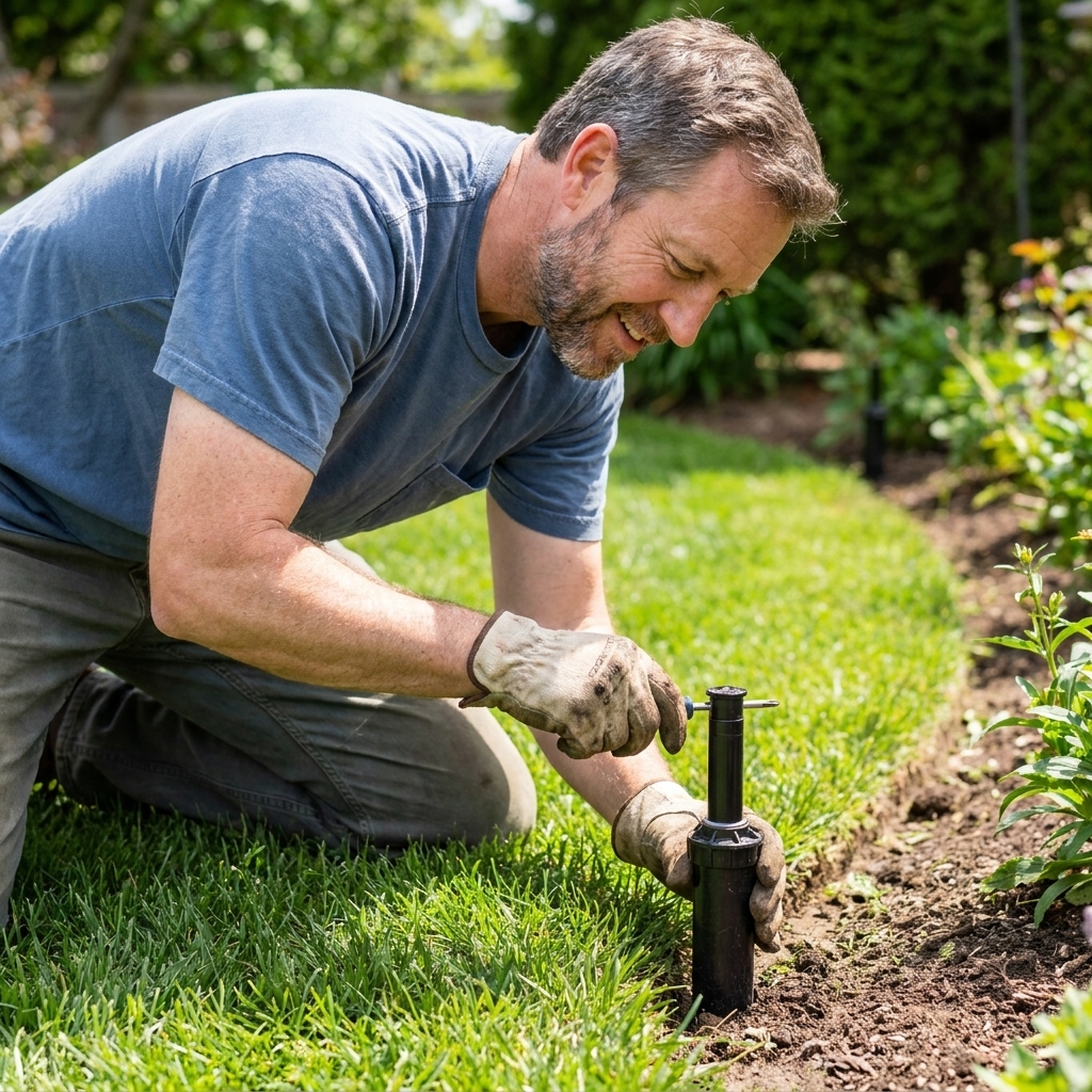 A homeowner kneeling in grass adjusting a pop-up sprinkler head next to a green lawn edge
