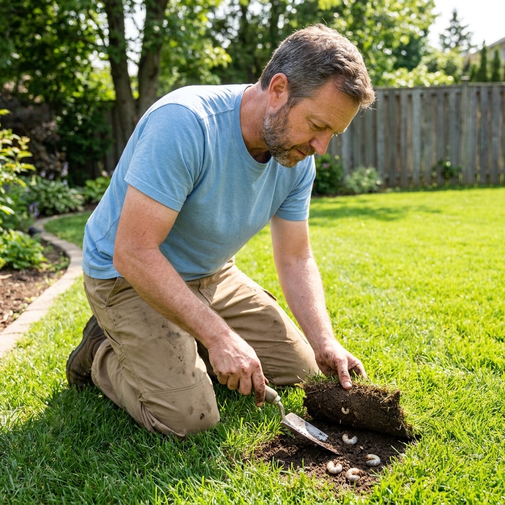 A homeowner lifting a small flap of sod with a hand trowel to inspect soil for white C-shaped grubs in a sunny backyard