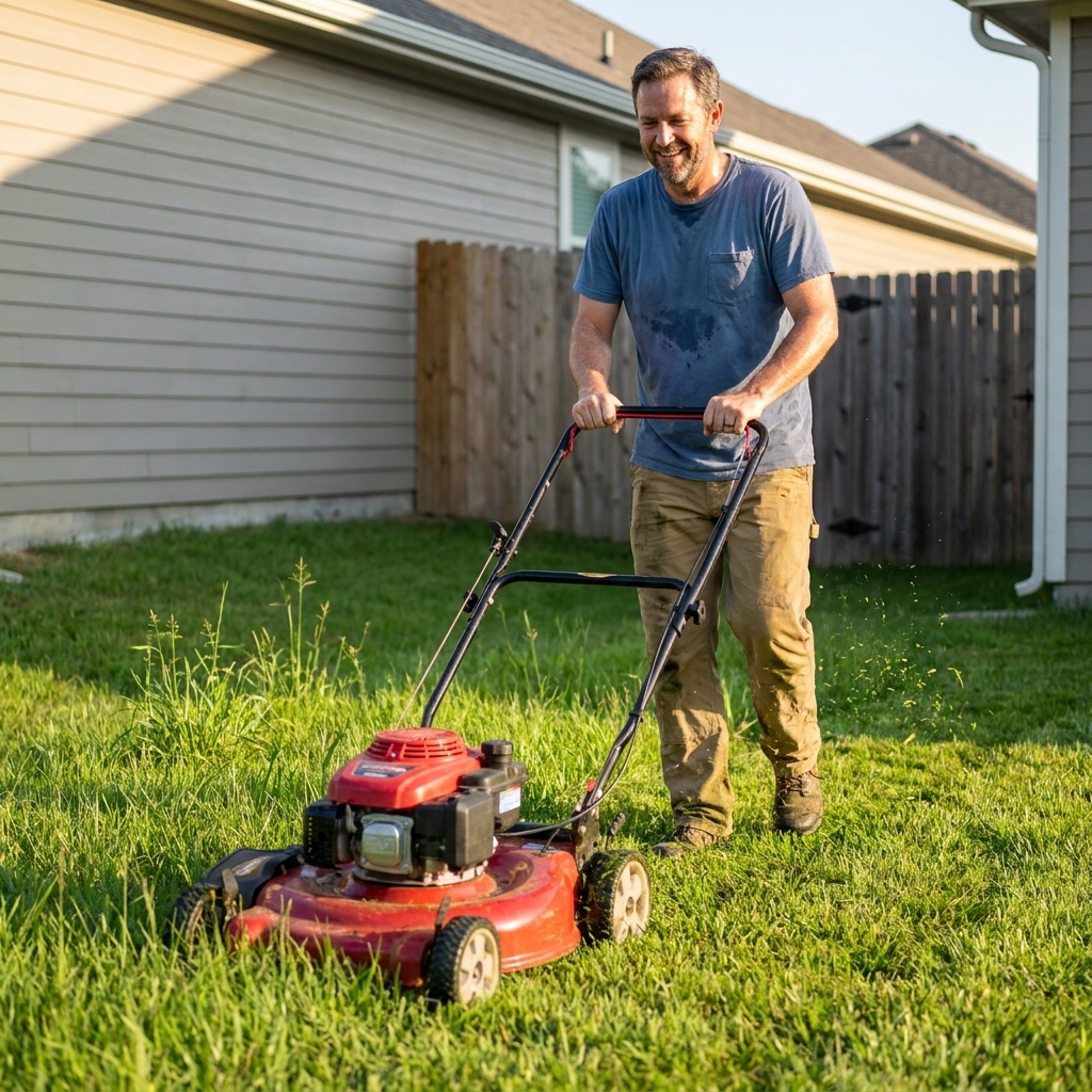 A homeowner making a first mow on a newly established lawn with a walk-behind mower, grass standing about four inches tall