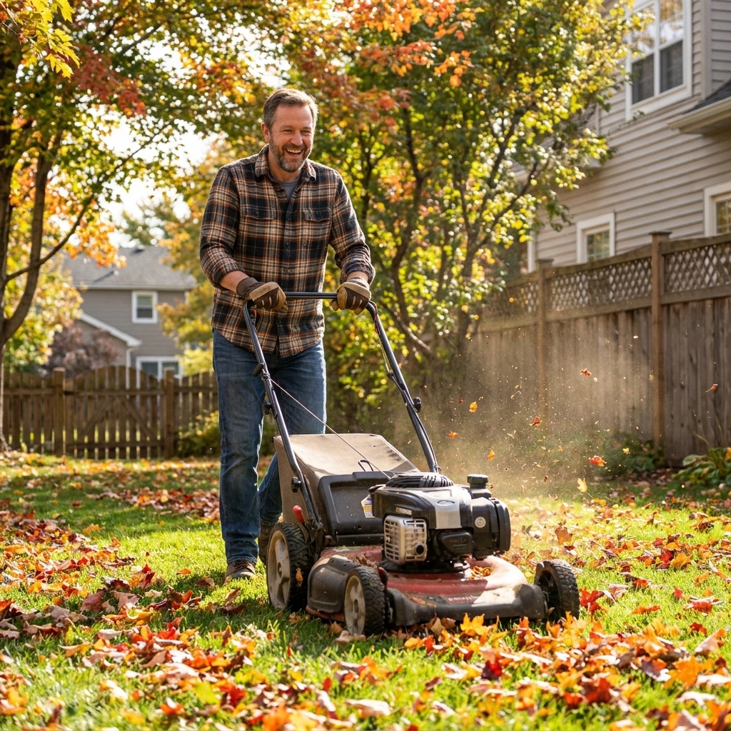 A homeowner mowing a green lawn with fallen autumn leaves scattered across the grass in a residential backyard
