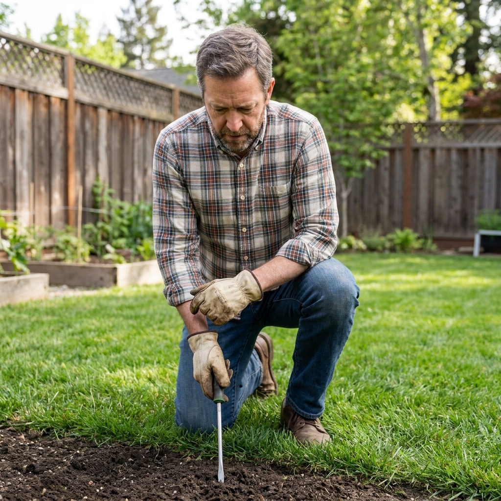 A homeowner pressing a long screwdriver into lawn soil to check moisture and compaction in a backyard