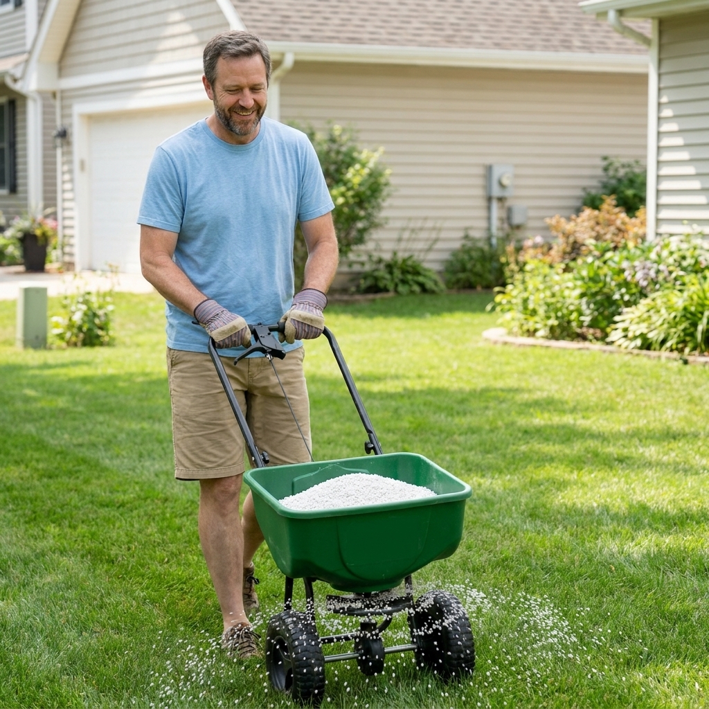 A homeowner pushing a broadcast spreader across a lawn while applying pelletized lime evenly in bright daylight