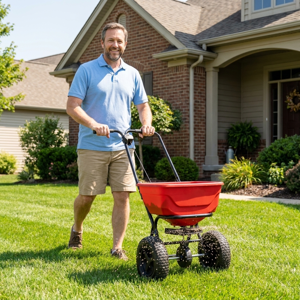 A homeowner pushing a broadcast spreader across a green front lawn on a sunny day, applying granular lawn treatment