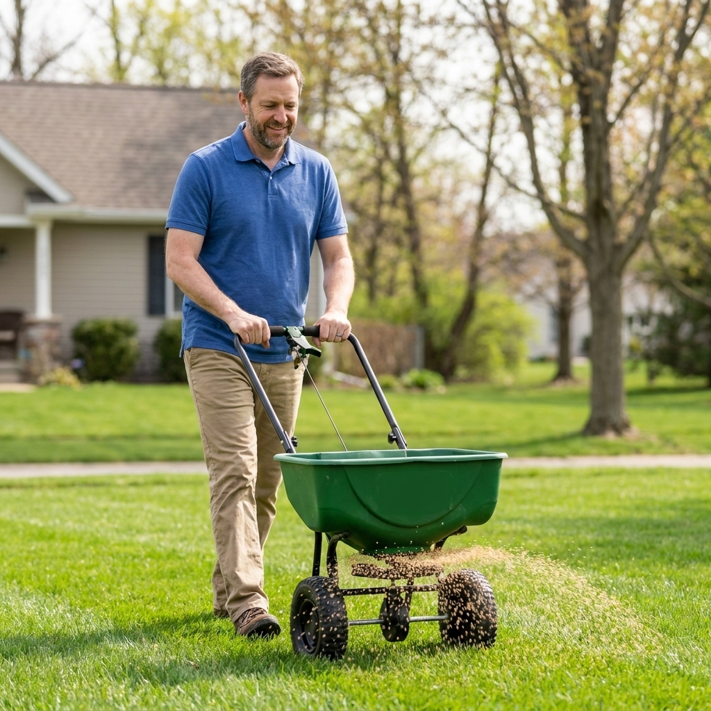 A homeowner pushing a broadcast spreader across a spring lawn, applying granular pre-emergent evenly over healthy turf