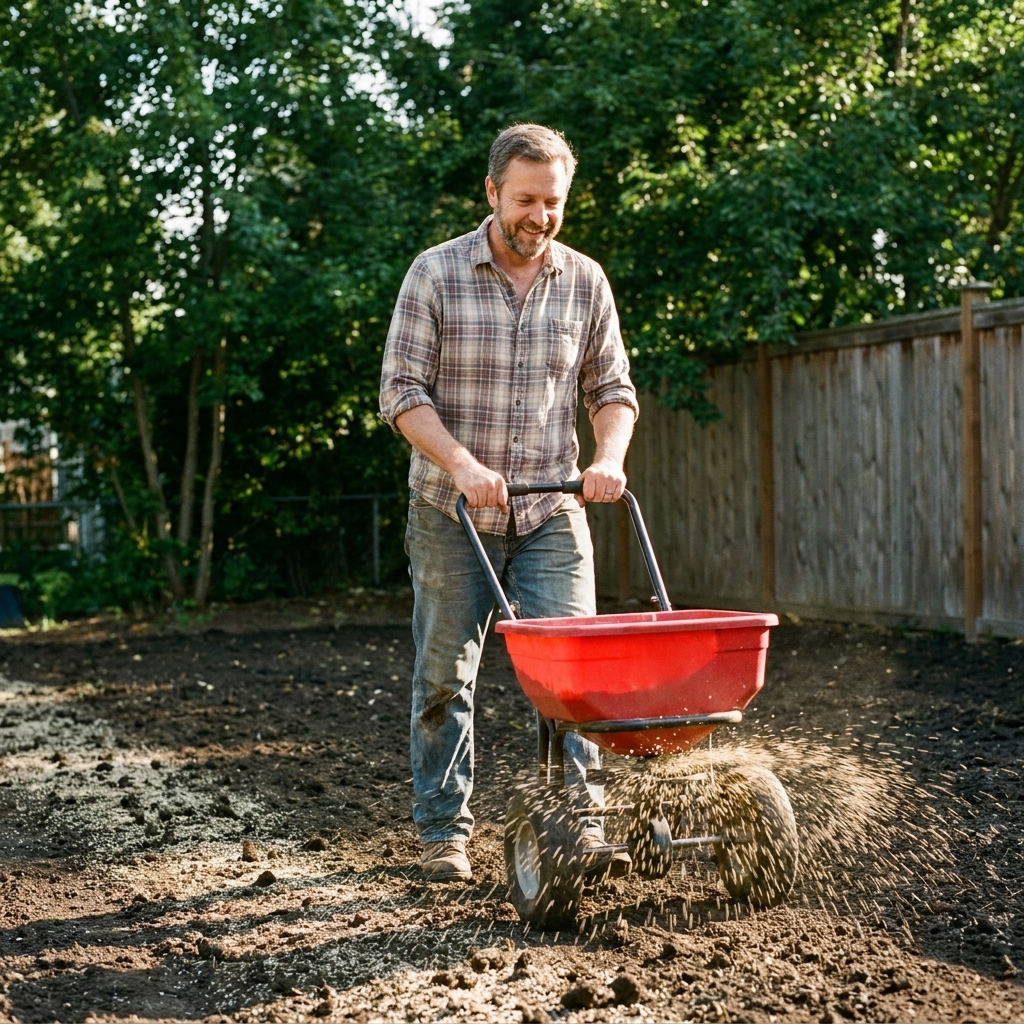 A homeowner pushing a broadcast spreader across prepared soil while planting grass seed