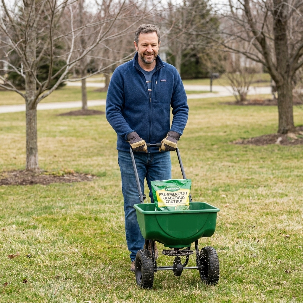 A homeowner pushing a broadcast spreader on a lawn in early spring to apply pre-emergent crabgrass control
