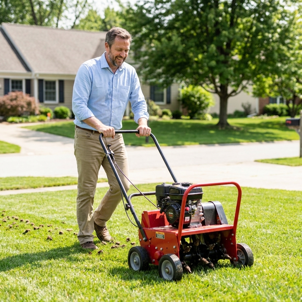 A homeowner pushing a core aerator across a suburban lawn, leaving evenly spaced soil plugs behind