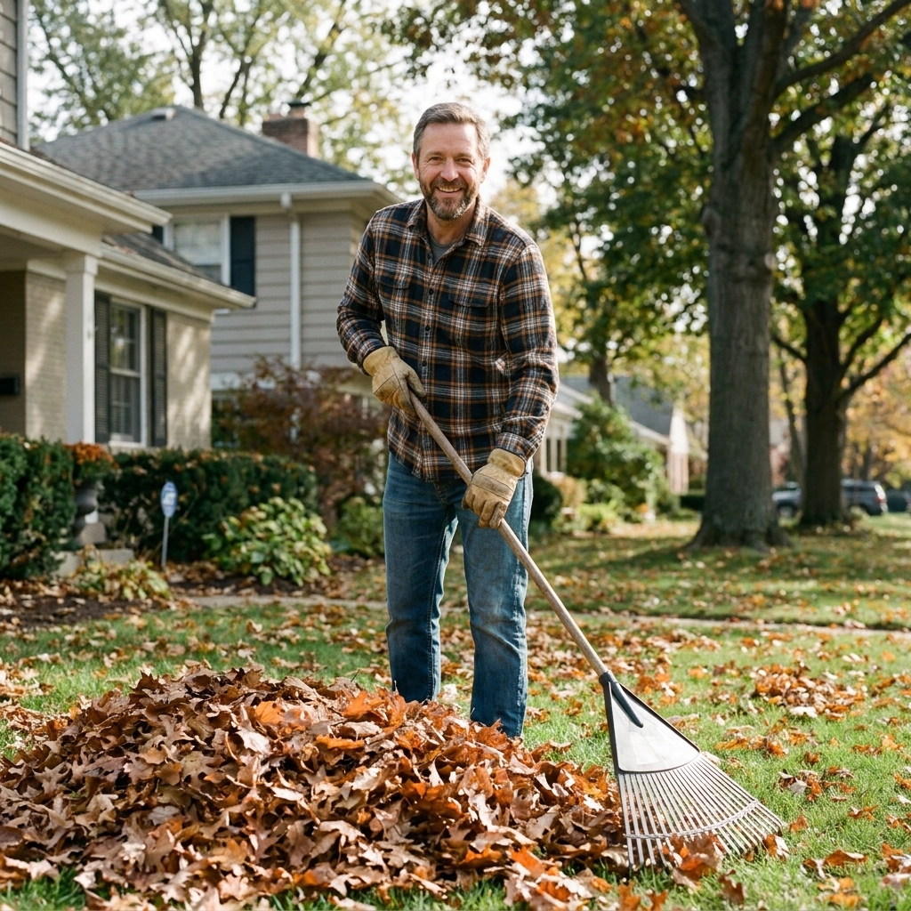 A homeowner raking fallen leaves off a front lawn