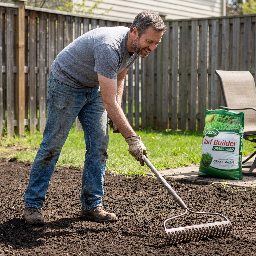 A homeowner raking prepared soil smooth in a backyard just before spreading grass seed
