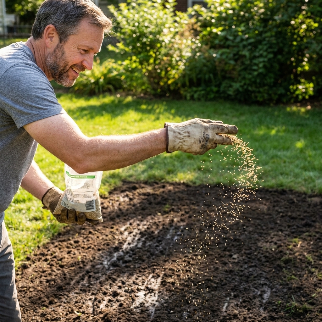 A homeowner scattering grass seed by hand over a freshly raked bare patch in a lawn, with dark moist soil visible