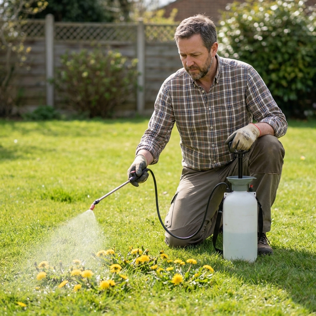 A homeowner spot-spraying a patch of dandelion rosettes with a hand pump sprayer on a calm day