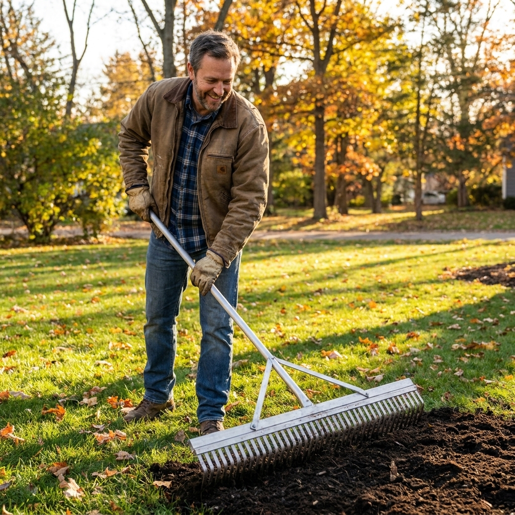 A homeowner spreading a thin layer of compost over a lawn with a wide landscape rake on a sunny fall afternoon