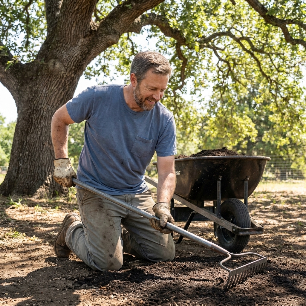 A homeowner spreading a thin layer of screened compost across bare soil under a large shade tree, preparing a seedbed for grass