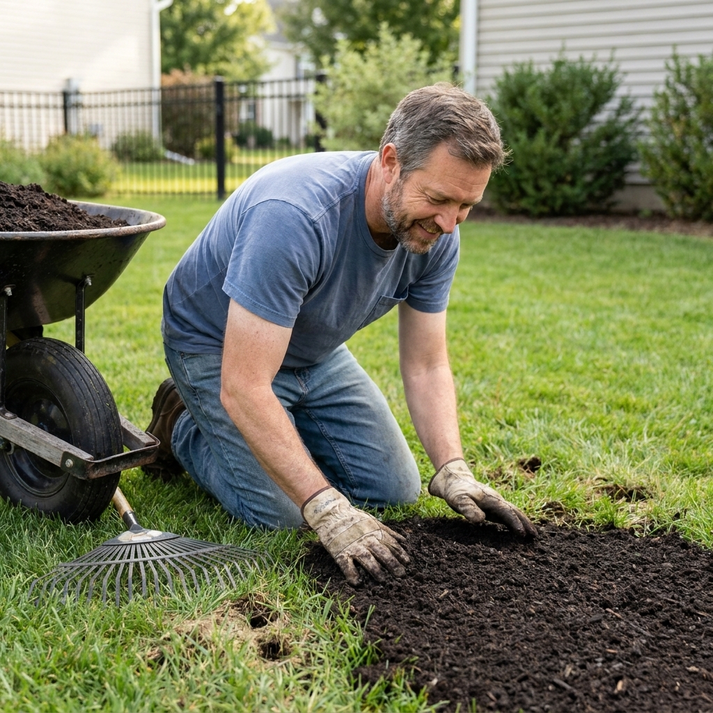 A homeowner spreading dark finished compost in a thin layer over a lawn, with a rake nearby for working it into aeration holes