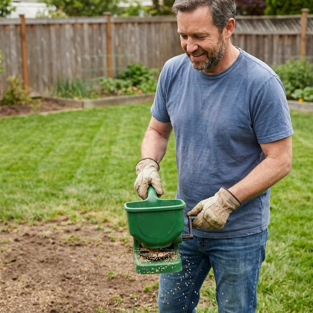 A homeowner using a handheld spreader to apply grass seed over a bare patch in a residential lawn