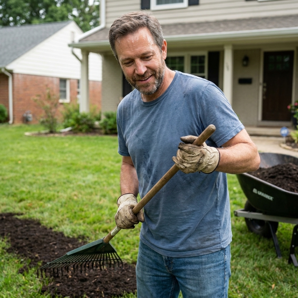 A homeowner using a leaf rake to pull a thin layer of compost into the grass canopy on a residential front lawn