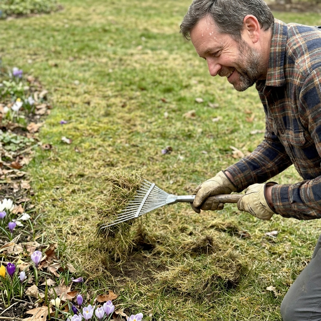 A homeowner using a metal tine rake to lift and rake out matted grass in a small circular patch on a damp early spring lawn