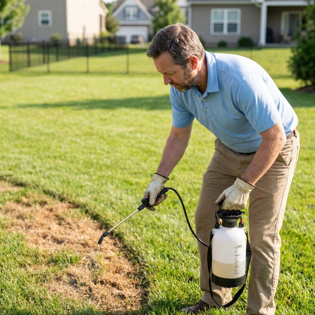 A homeowner using a pump sprayer to apply a liquid treatment along the edge of a brown patch in a green suburban lawn