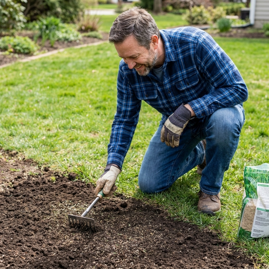 A homeowner using a small rake to work grass seed into loose topsoil in a bare lawn spot