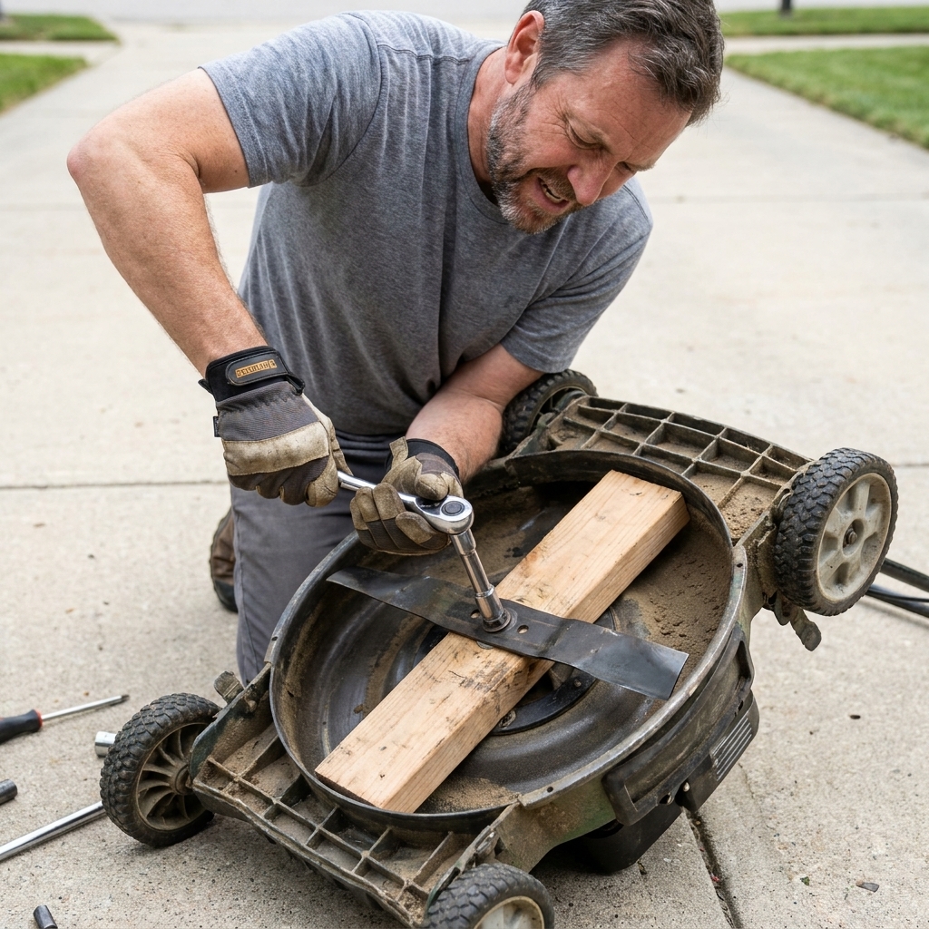 A homeowner using a socket wrench to loosen the center bolt on a walk-behind lawn mower blade while the blade is braced with a wooden block