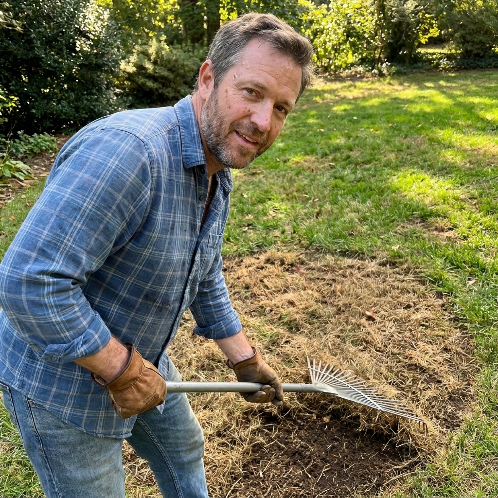 A homeowner using a steel leaf rake to pull dead grass out of a small circular lawn patch, exposing soil underneath