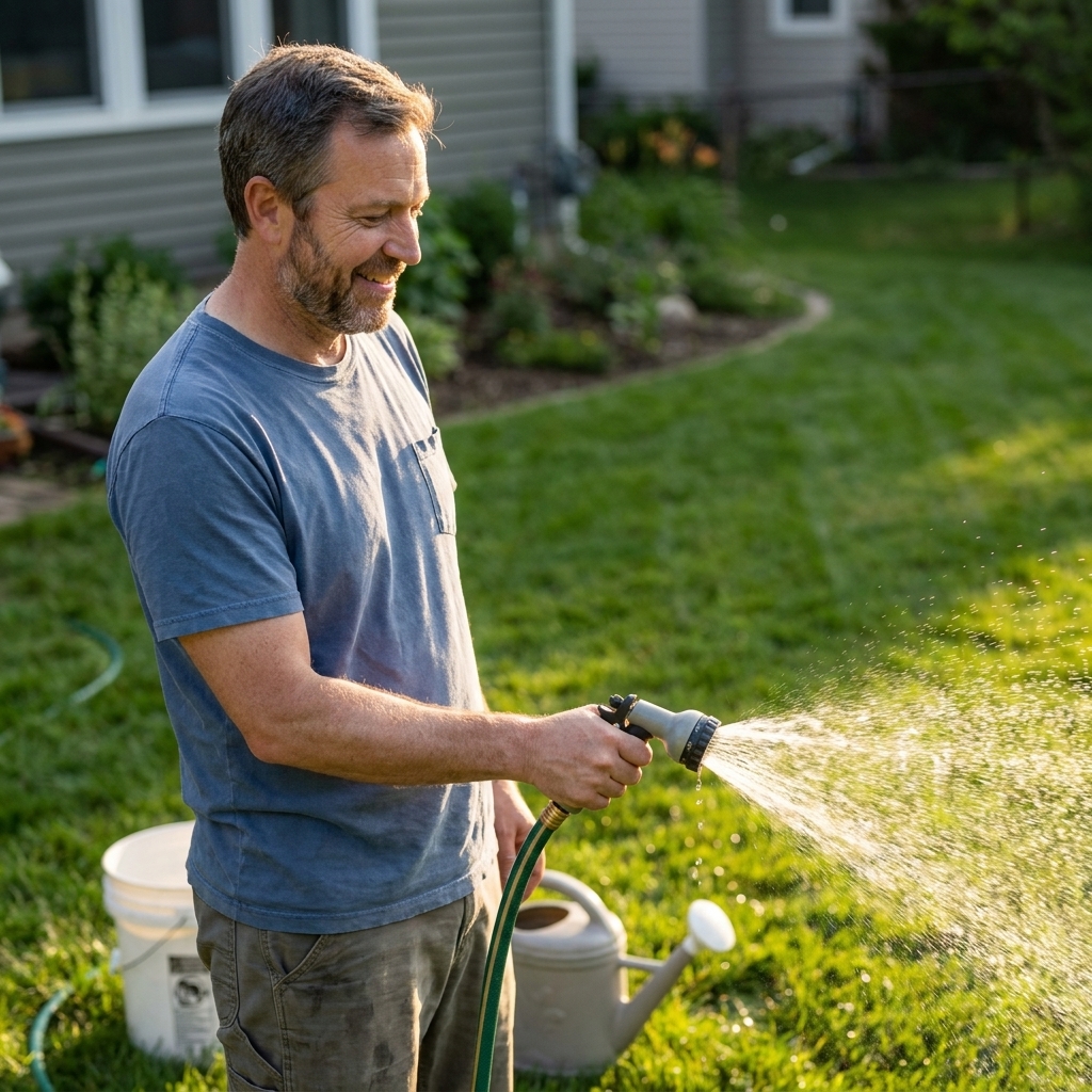 A homeowner watering a lawn after applying beneficial nematodes, using a hose with a gentle spray pattern