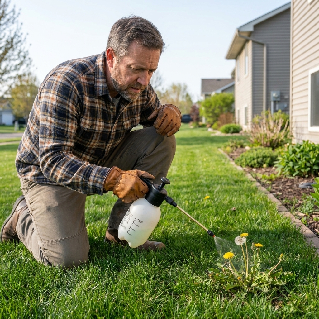 A homeowner wearing gloves spot-spraying a dandelion rosette in a lawn with a small pump sprayer on a calm day