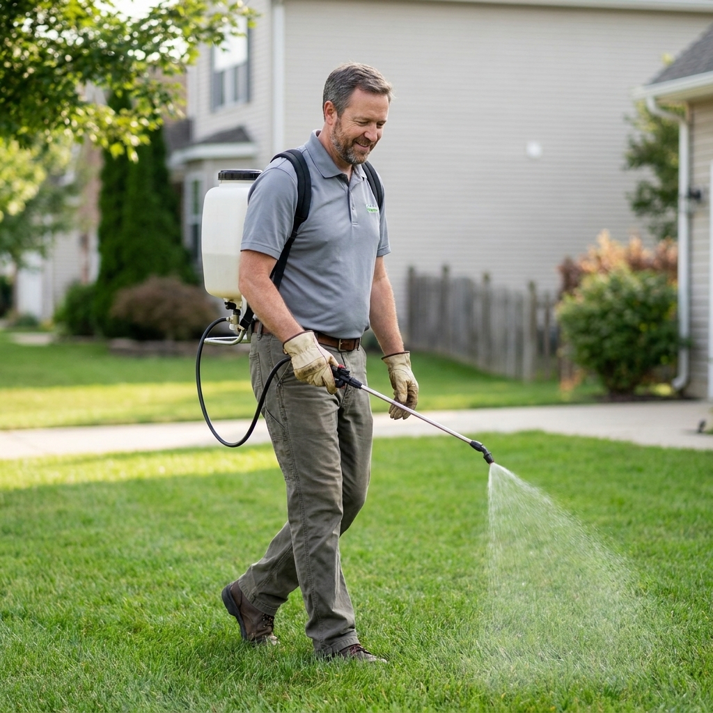 A homeowner wearing gloves using a backpack sprayer to apply a liquid lawn treatment evenly across a suburban yard