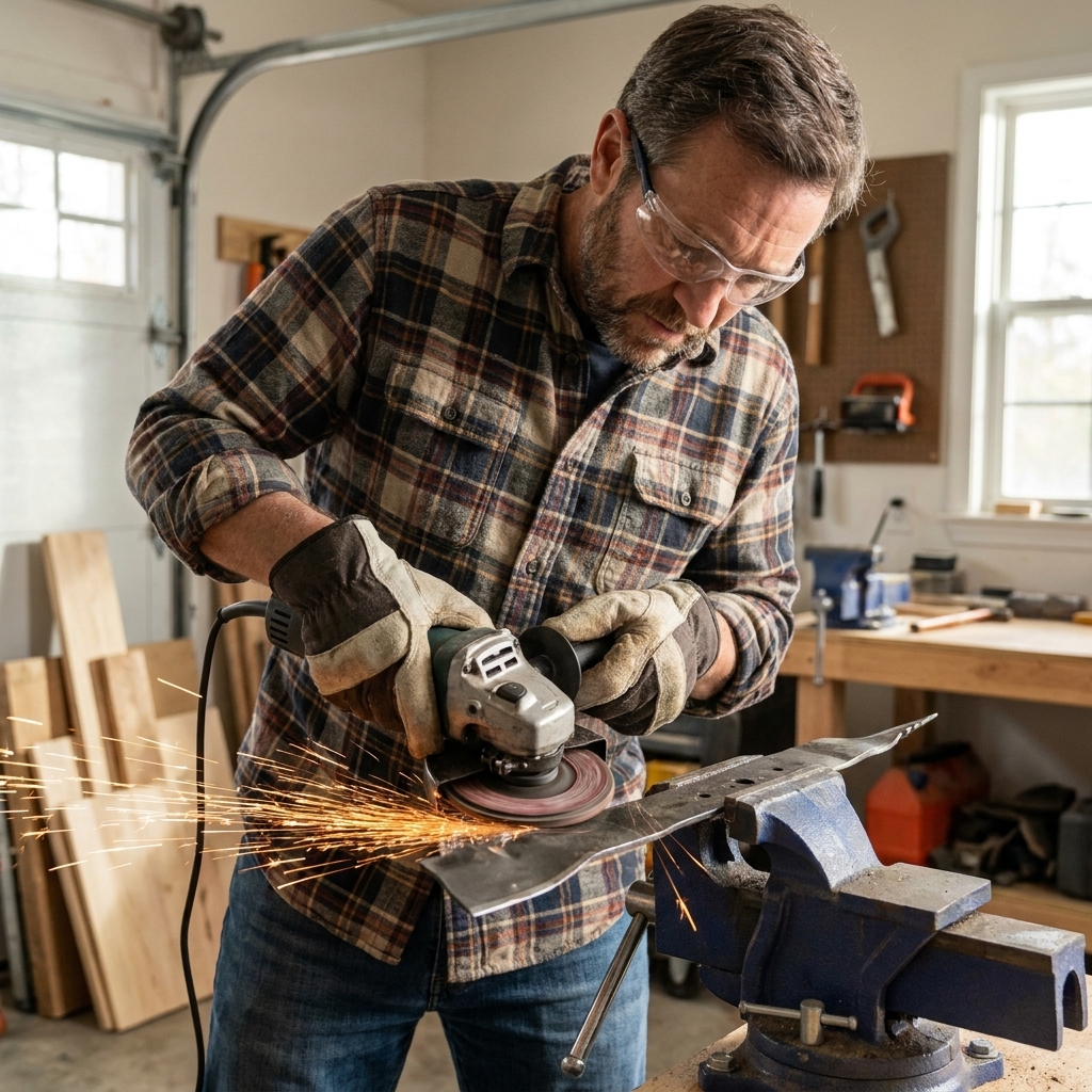 A homeowner wearing safety glasses using an angle grinder with a flap disc to sharpen the beveled edge of a lawn mower blade clamped in a vise