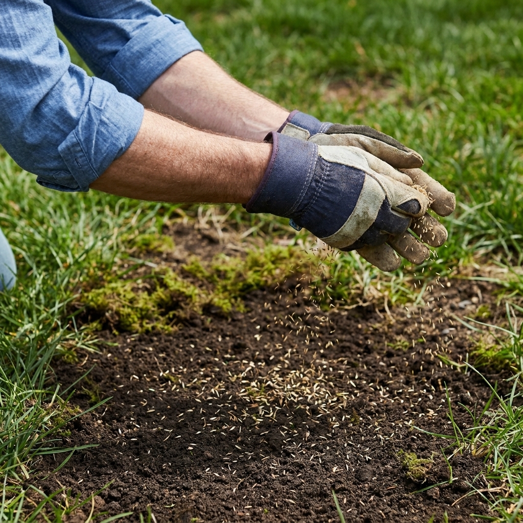 A homeowner's hands broadcasting grass seed over a thin lawn area where moss was removed, with loose soil visible