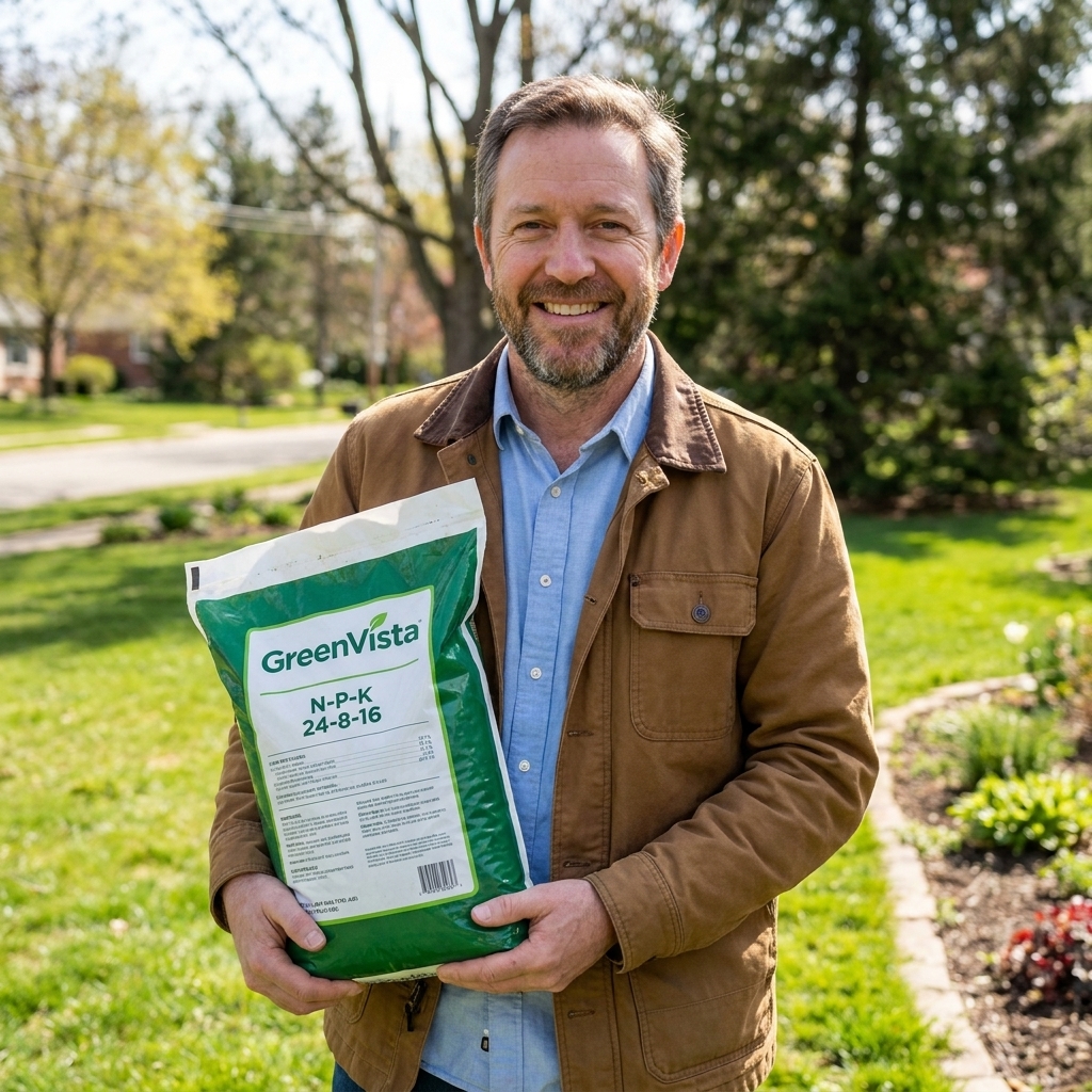 A lawn fertilizer bag being held outdoors with the N-P-K numbers visible on the label