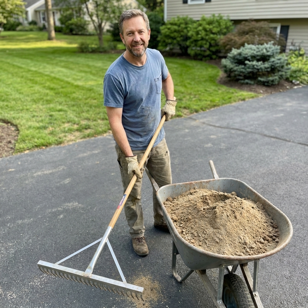 A lawn leveling rake resting on a driveway next to a wheelbarrow filled with sandy soil mix, ready for topdressing work