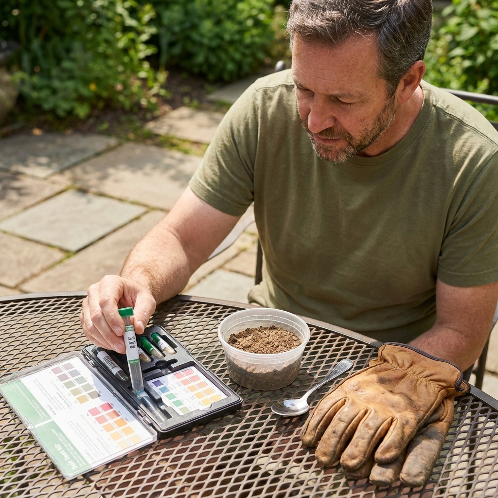 A lawn soil test kit on an outdoor patio table next to a small container of dry soil and a pair of gardening gloves