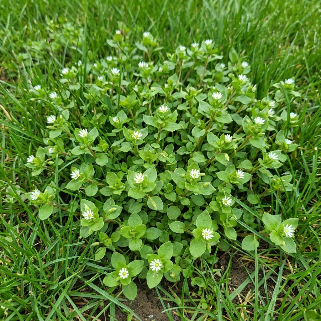 A low patch of chickweed with small leaves and tiny white star-shaped flowers growing in a lawn.