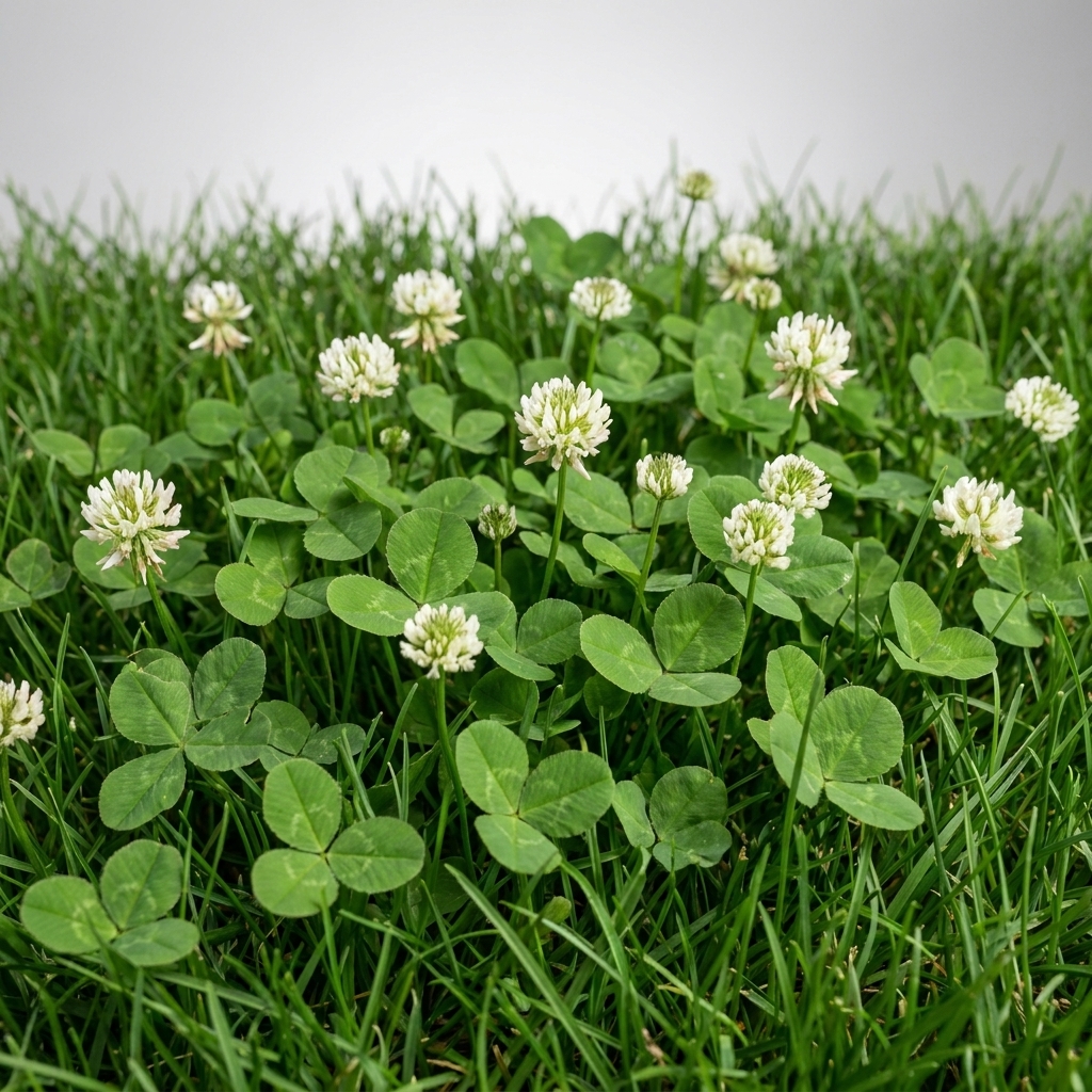 A patch of white clover with three-lobed leaves and small white blossoms spreading through turfgrass.