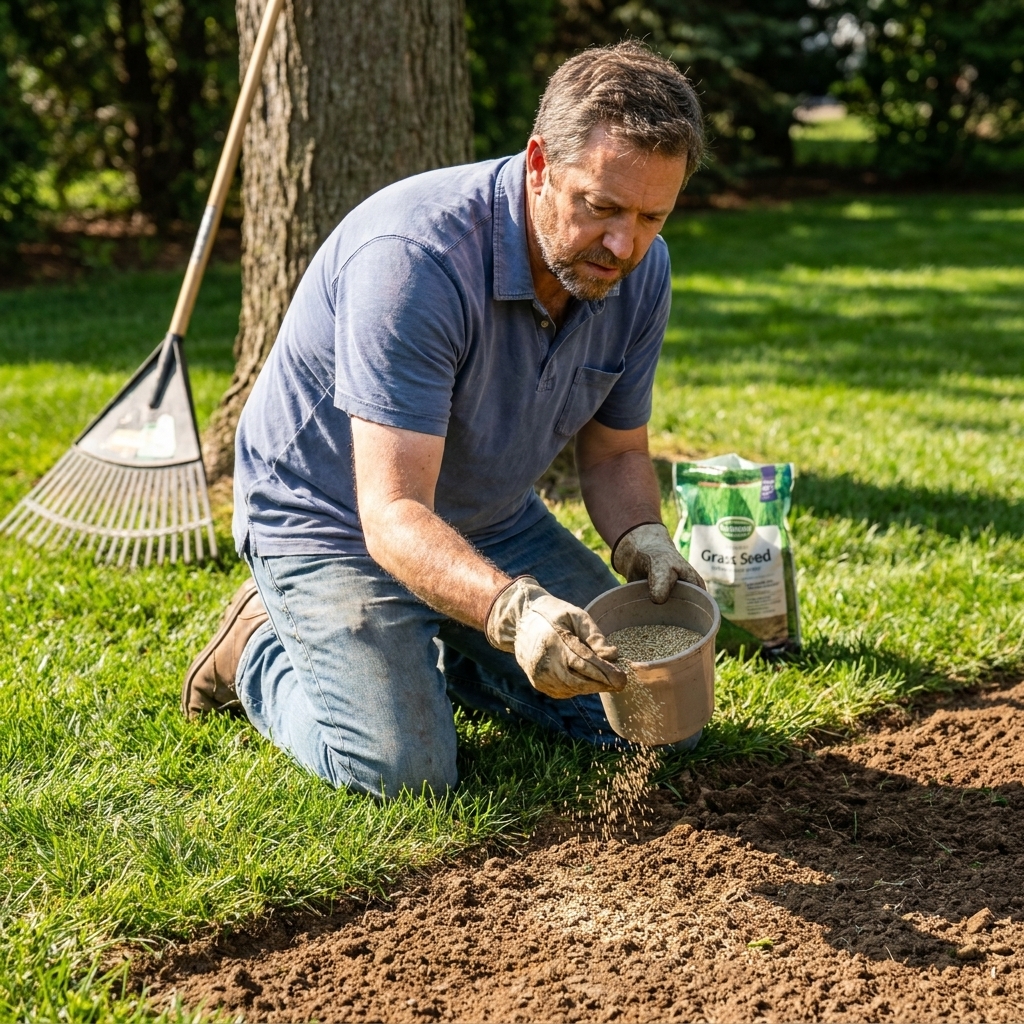 A person hand-seeding grass seed into a raked bare patch of lawn next to healthy turf on a sunny day