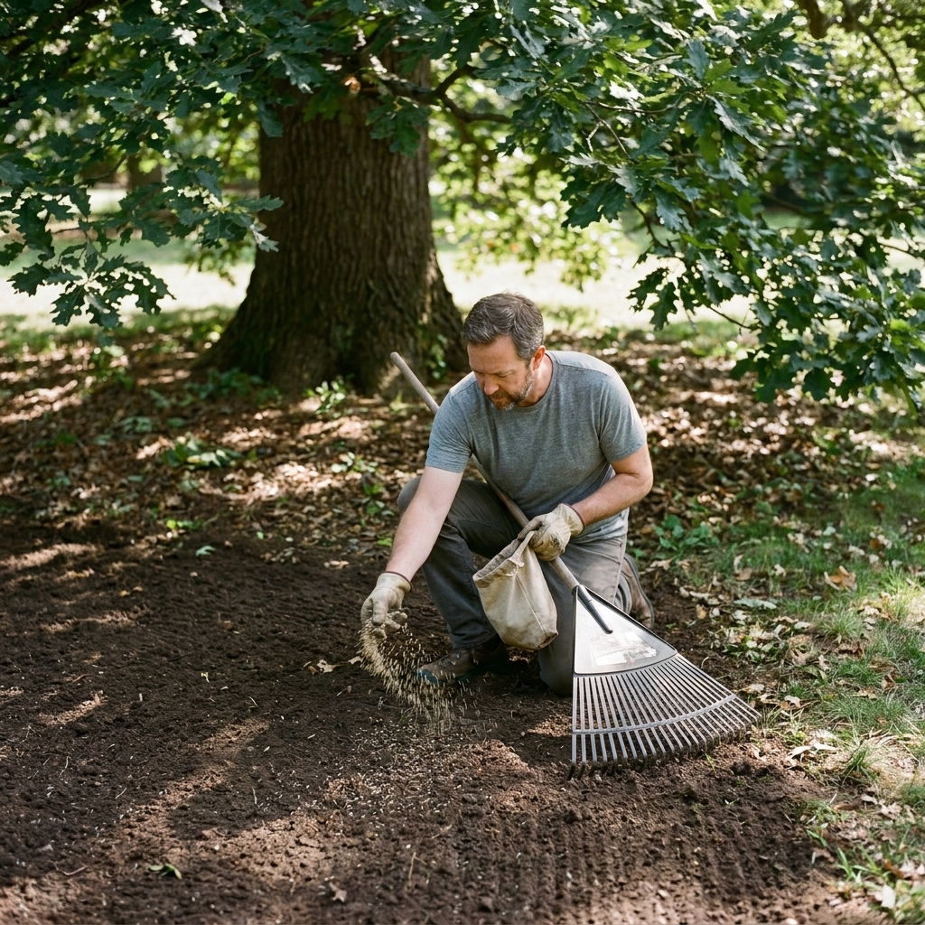 A person hand-spreading grass seed over a bare patch under a large tree after raking the soil surface for better seed-to-soil contact