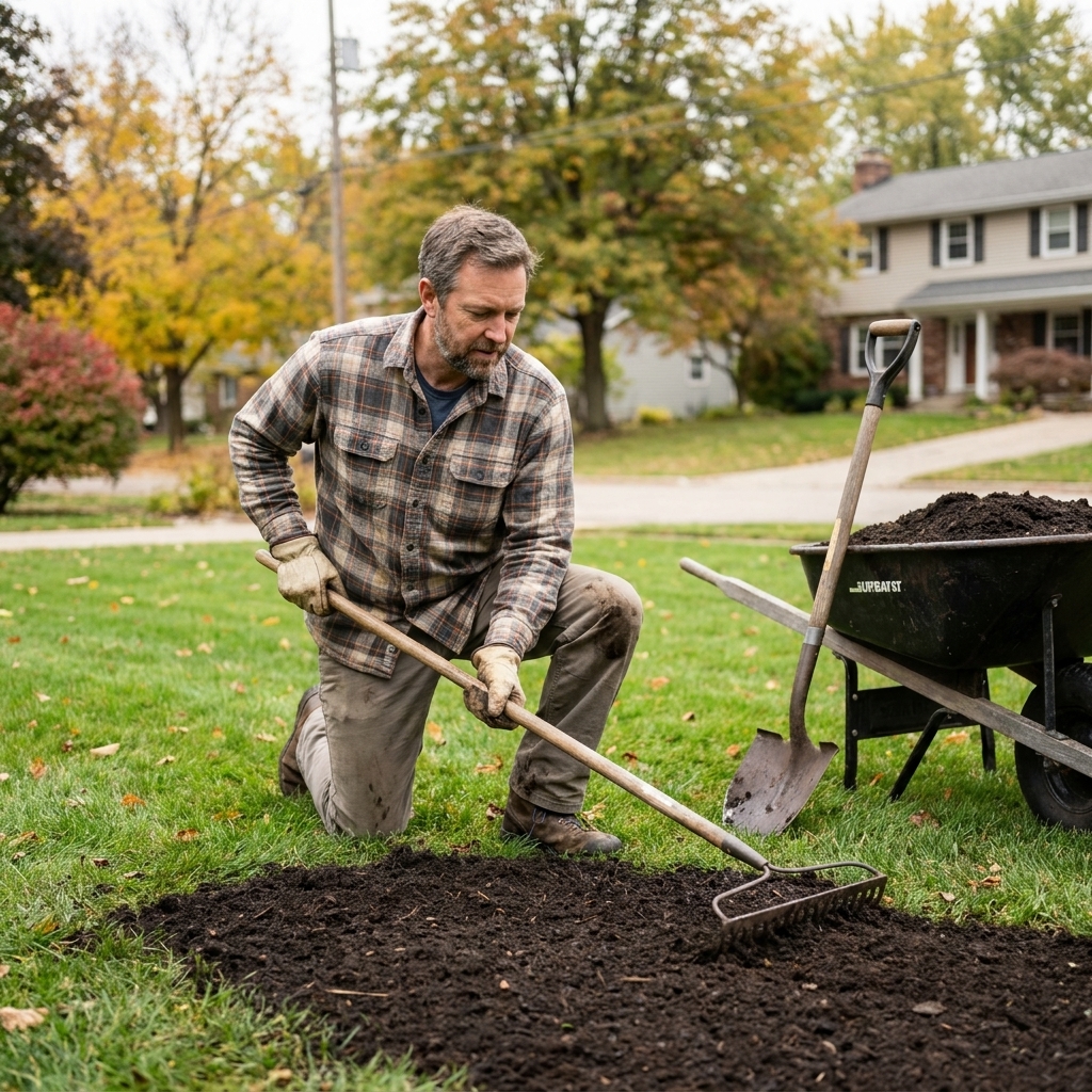 A person spreading a thin layer of finished compost over a residential lawn with a shovel and rake on a mild autumn day