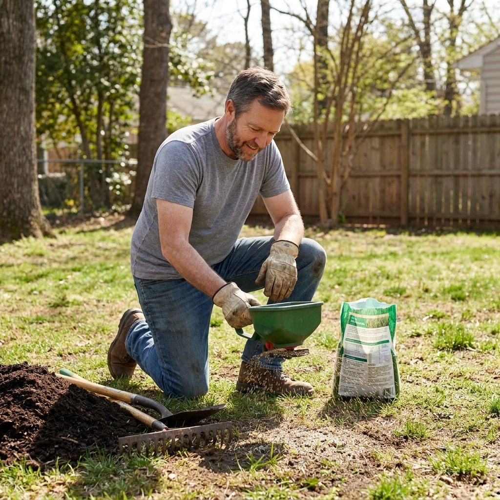 A person spreading grass seed over a thin lawn area and lightly topdressing with compost using a shovel and rake