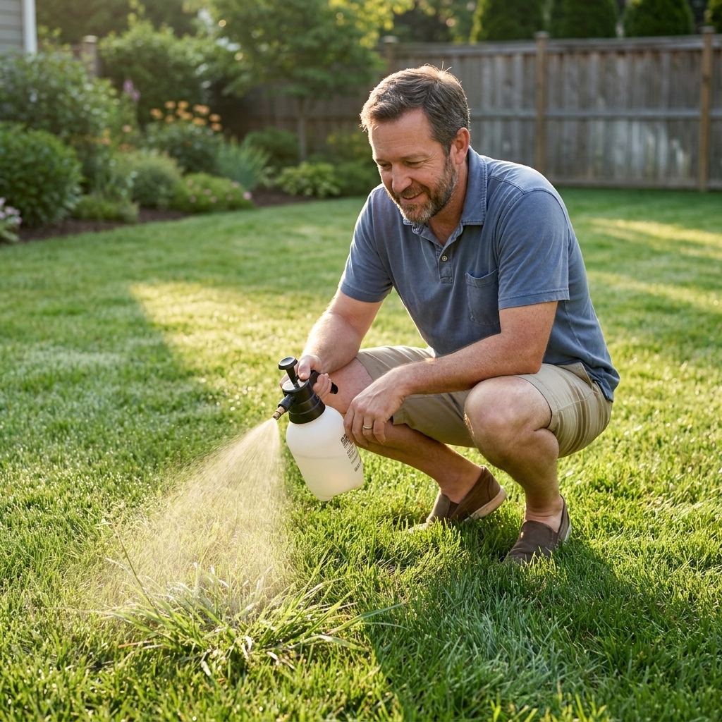 A person using a handheld pump sprayer to spot-treat a crabgrass patch in a residential lawn on a calm summer morning