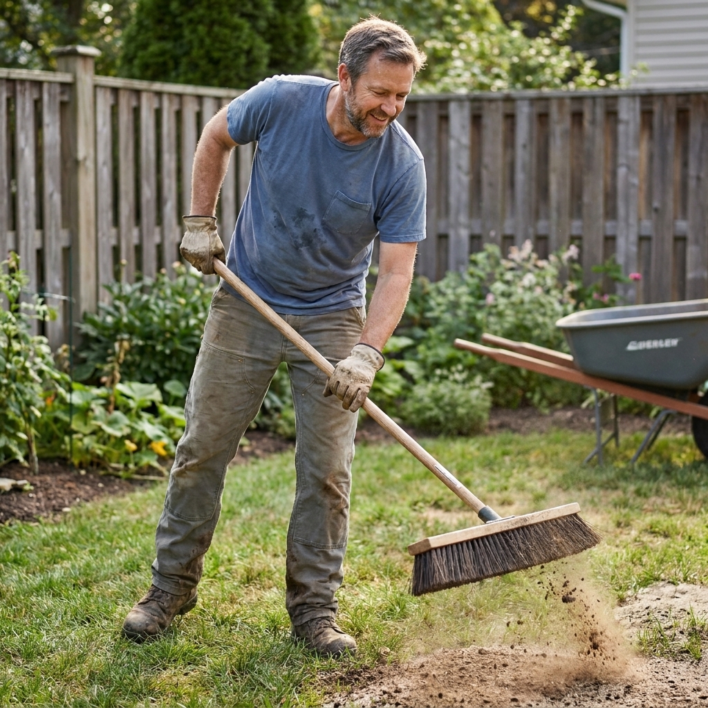 A person using a stiff push broom to brush topdressing mix down into the grass canopy across a small low spot in a backyard