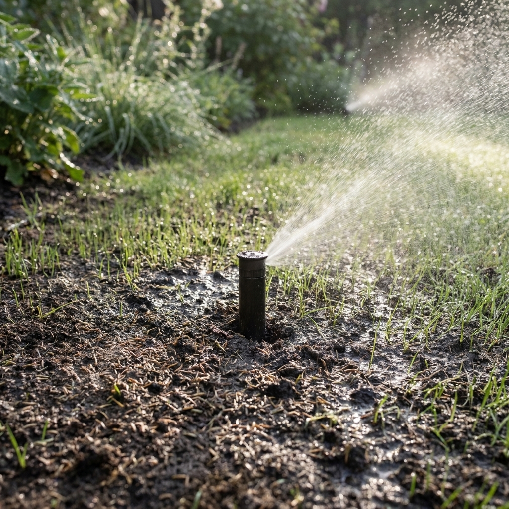 A pop-up sprinkler lightly misting a newly seeded lawn area in the morning, with damp soil visible near the surface
