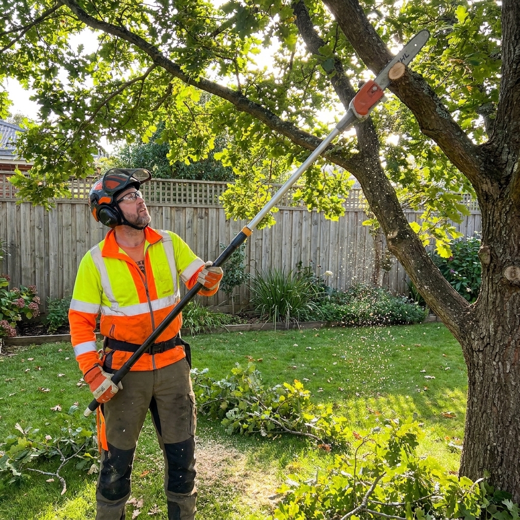 A professional arborist in safety gear pruning lower branches of a large backyard shade tree to raise the canopy and allow more sunlight to reach the lawn