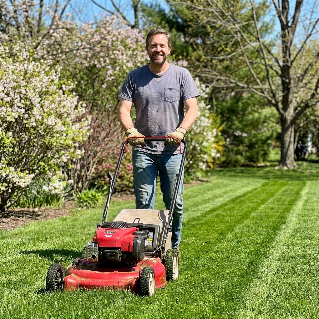 A push mower making clean stripes on a healthy lawn during the first mow of spring on a sunny day