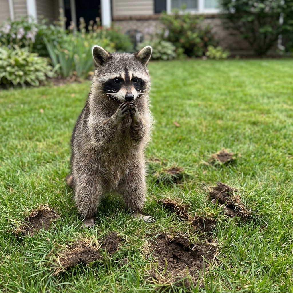 A raccoon standing on a residential lawn near fresh torn-up turf and small holes, indicating foraging behavior